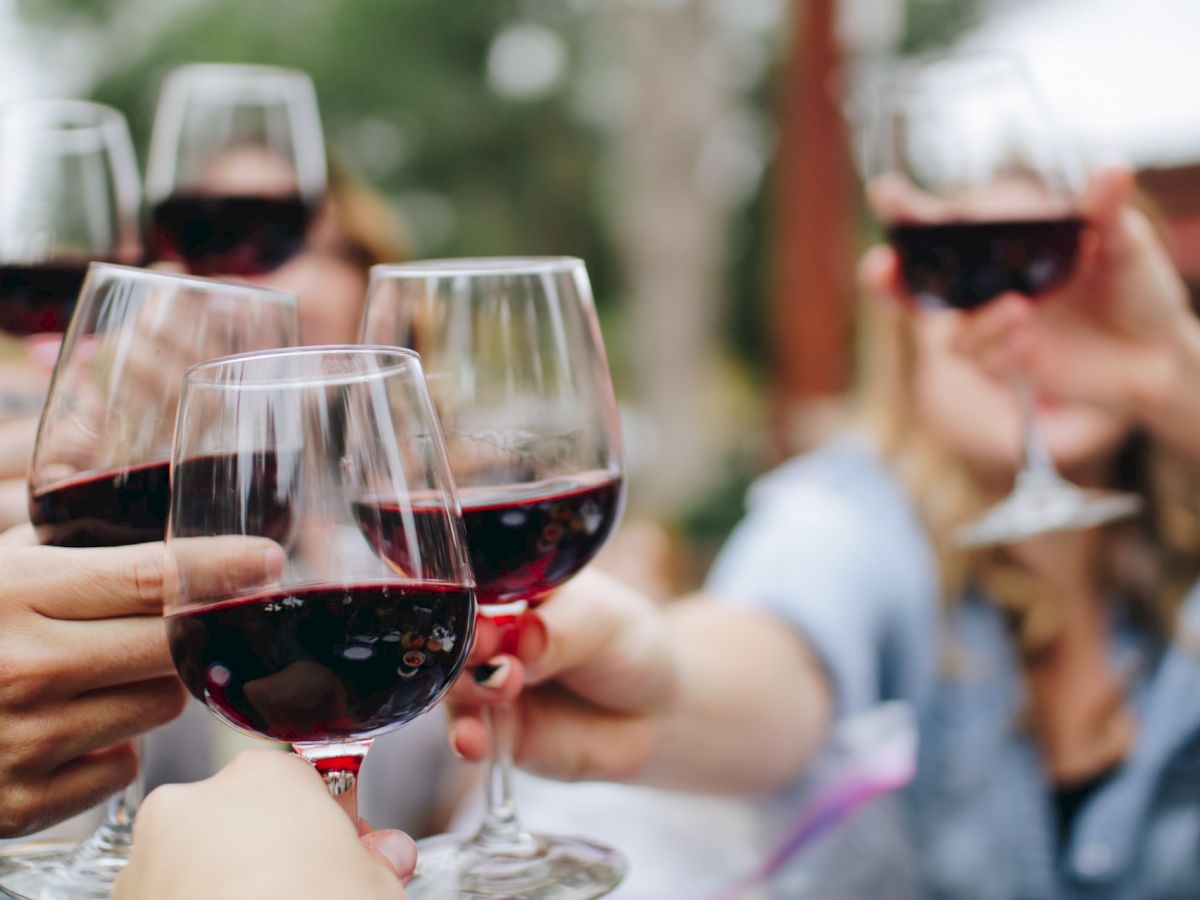 People are holding and toasting with glasses of red wine in a social setting, celebrating or enjoying a moment together.