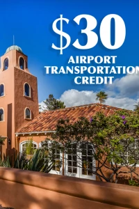 The image shows a Spanish-style building with a $30 airport transportation credit promotion text.