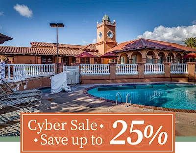 The image shows a swimming pool area in front of a hotel with a tower. Text at the bottom reads, "Cyber Sale • Save up to 25%."